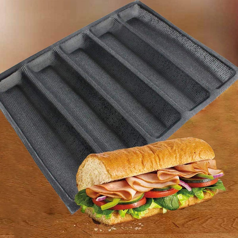 FETESUR Silicone Perforated Baking Forms Sandwich Mold French Baguette Bread Pan Food Mat 5 Loaf Non-Stick Baking Liners - Image 1
